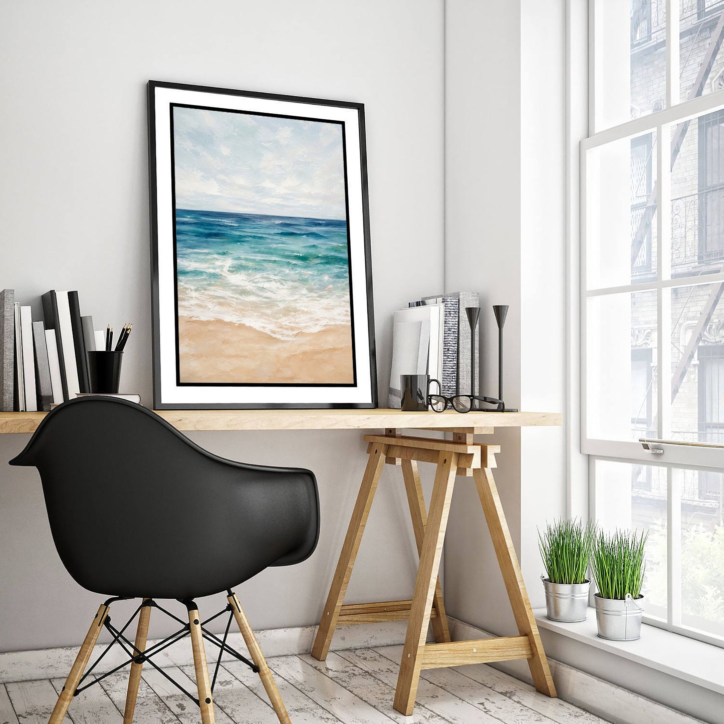 Calm Beach Shore Art Print - Abstract Coastal Seascape Poster - Ocean Wall Art Illustration V2 2/3