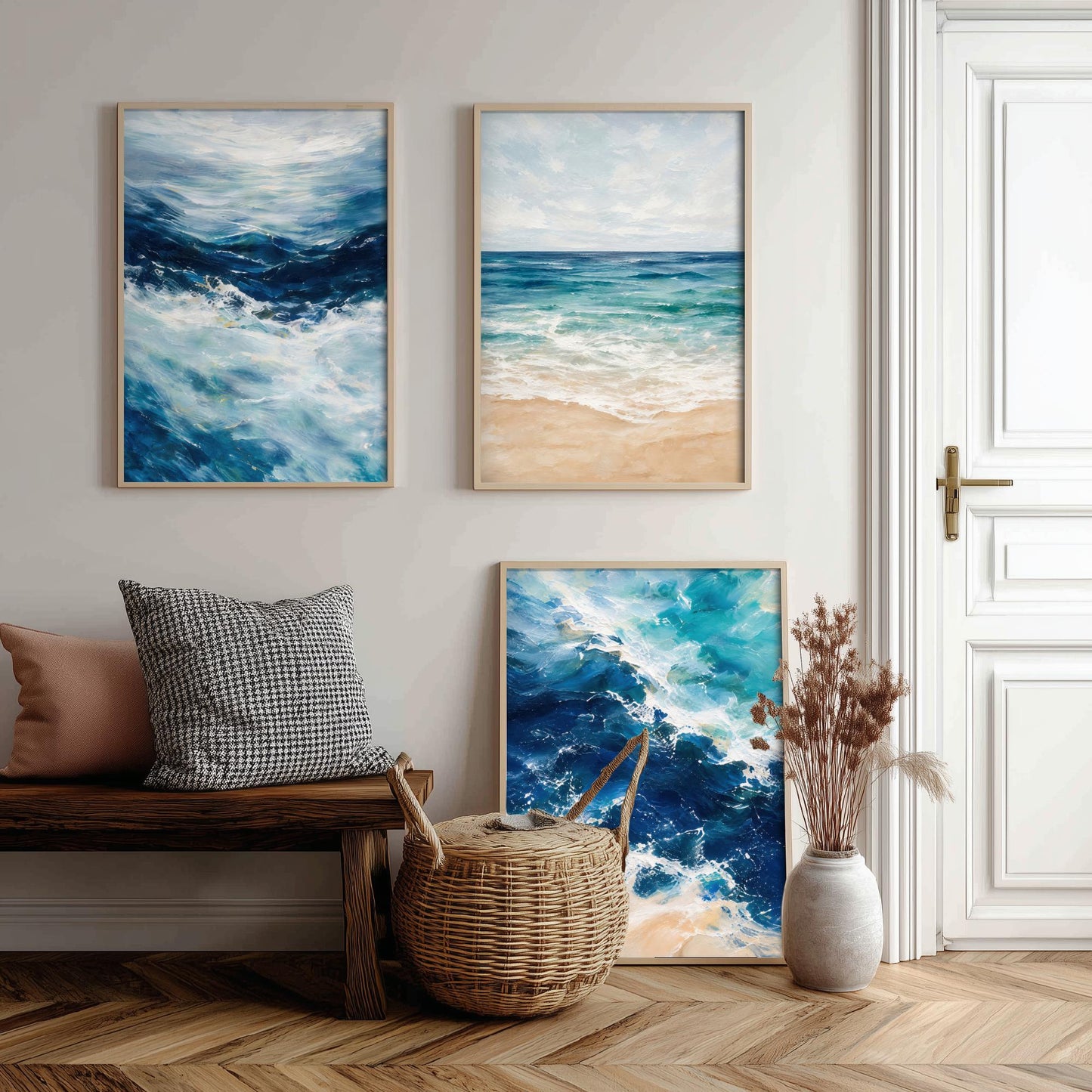 Ocean Wave Set of Three Art Prints - 3 Blue Teal Coastal Seascapes - Abstract Beach Poster Illustration Sea Wall Art V2