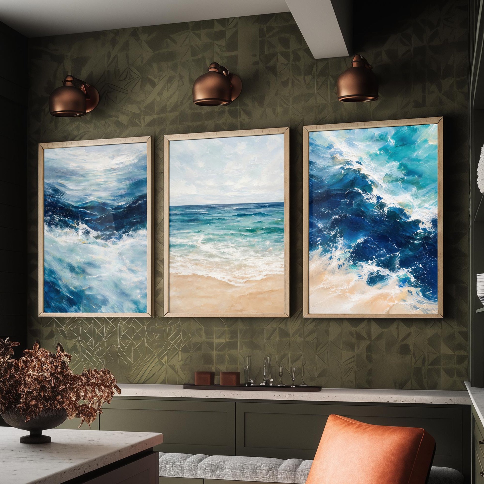 Ocean Wave Set of Three Art Prints - 3 Blue Teal Coastal Seascapes - Abstract Beach Poster Illustration Sea Wall Art V2