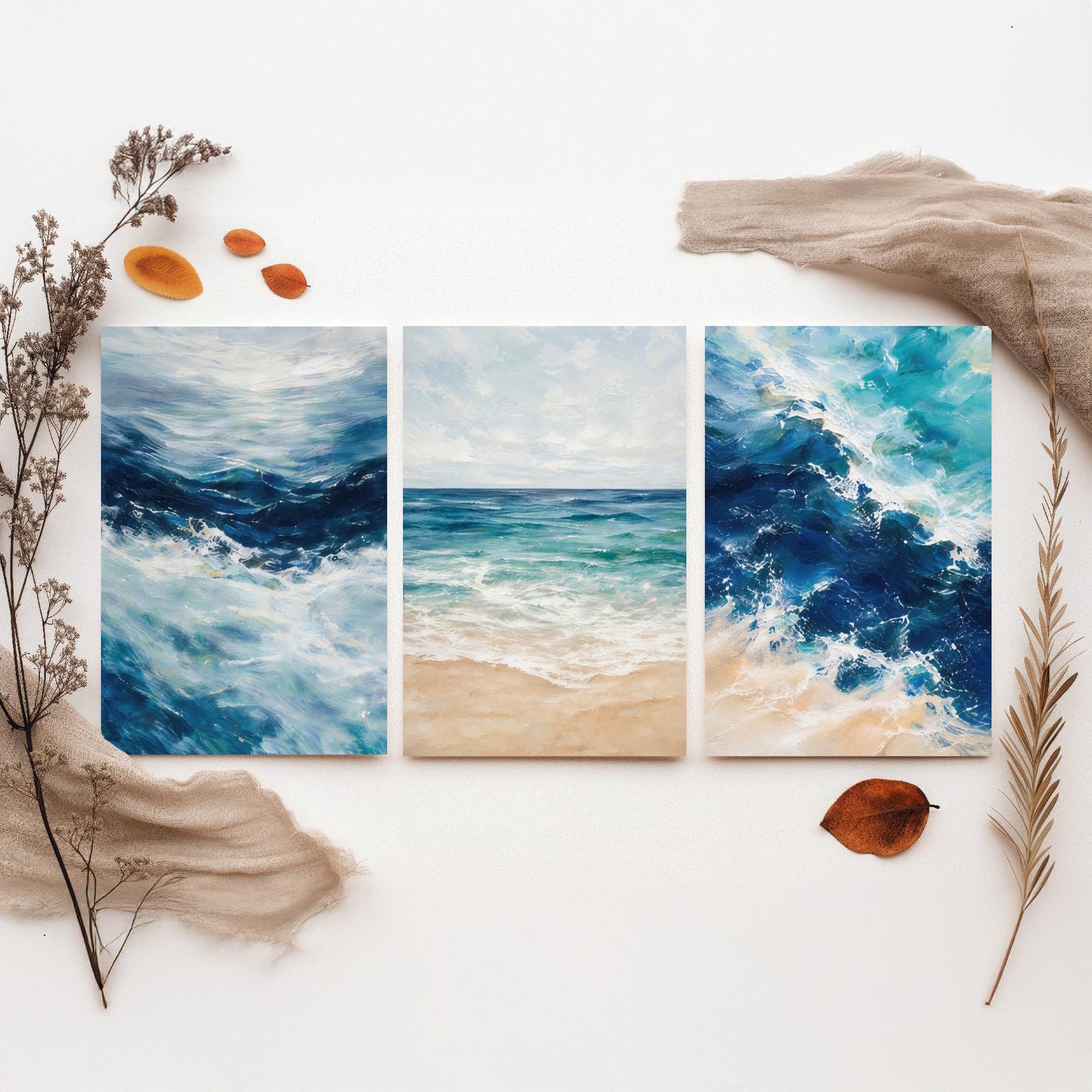 Ocean Wave Set of Three Art Prints - 3 Blue Teal Coastal Seascapes - Abstract Beach Poster Illustration Sea Wall Art V2