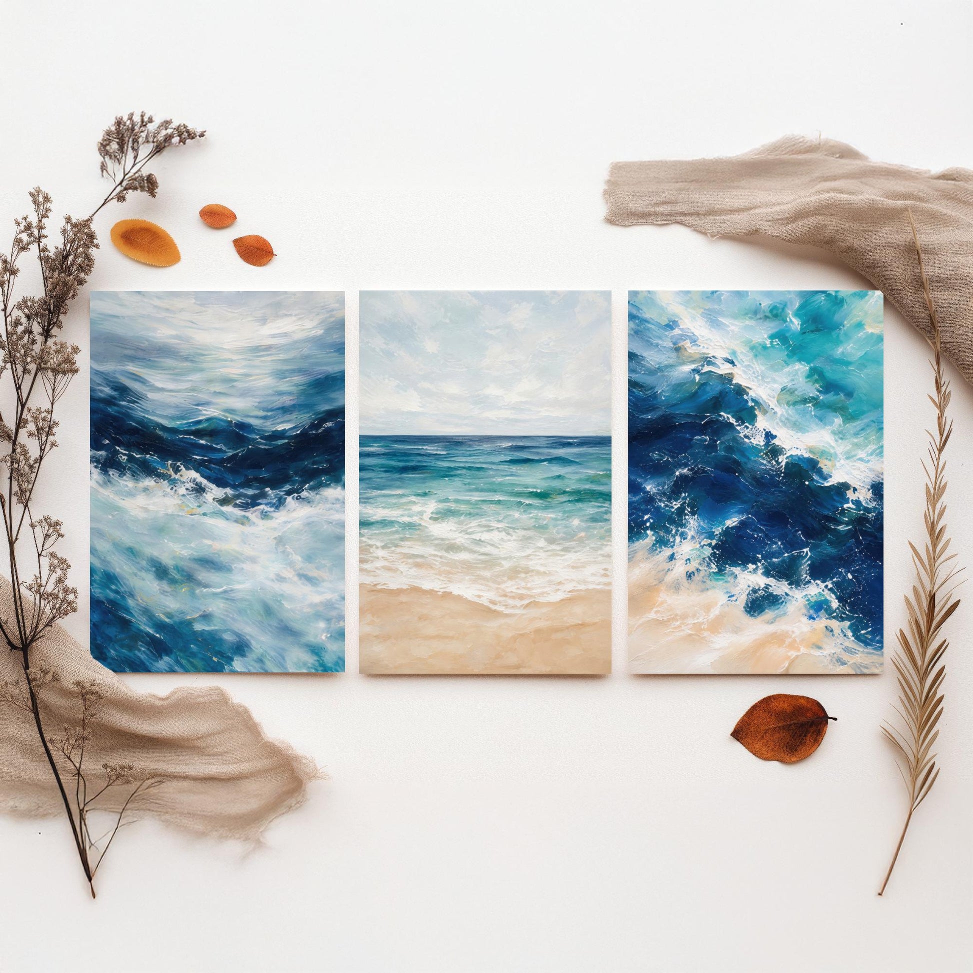 Ocean Wave Set of Three Art Prints - 3 Blue Teal Coastal Seascapes - Abstract Beach Poster Illustration Sea Wall Art V2