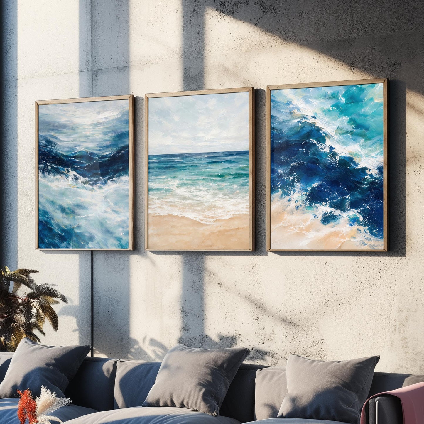 Ocean Wave Set of Three Art Prints - 3 Blue Teal Coastal Seascapes - Abstract Beach Poster Illustration Sea Wall Art V2