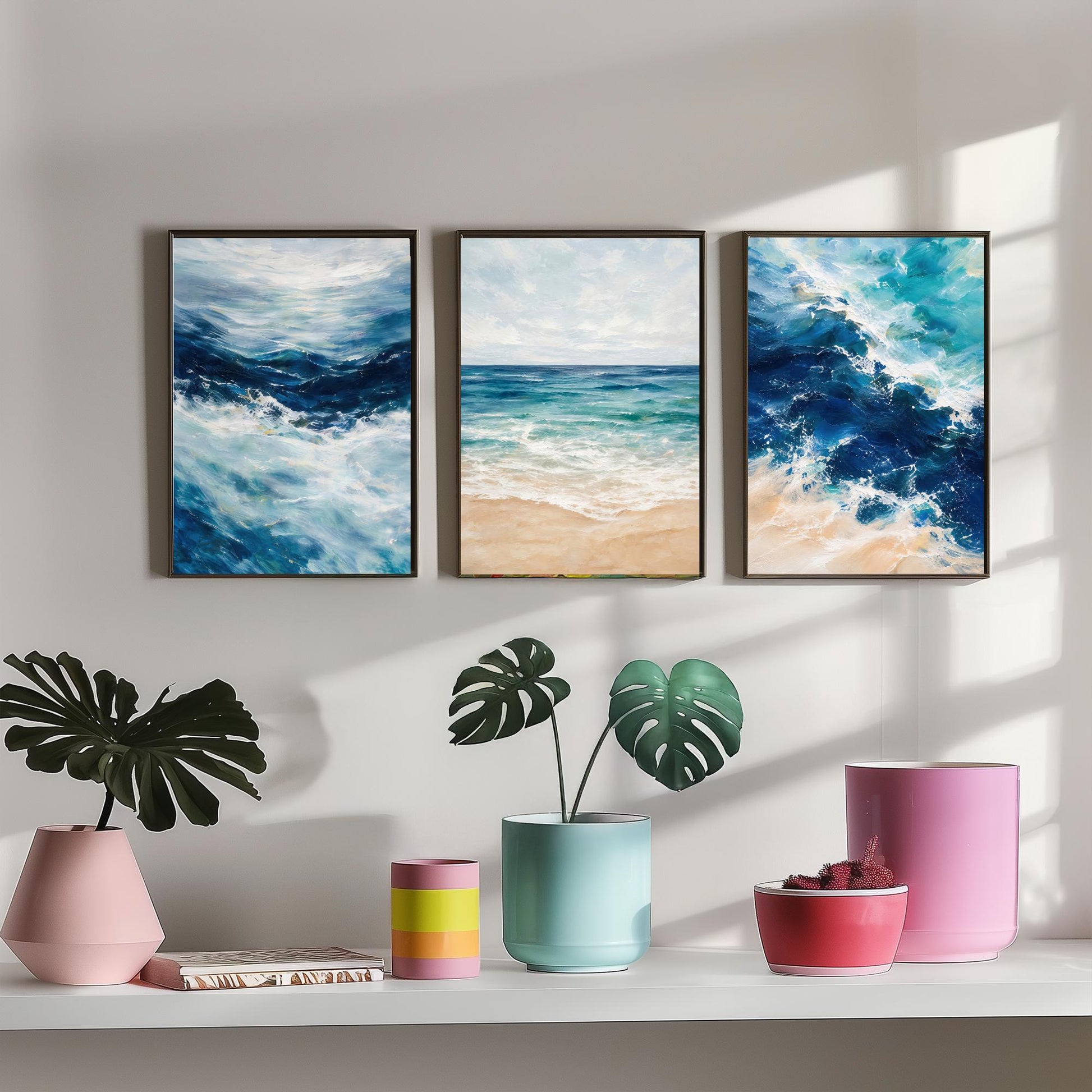 Ocean Wave Set of Three Art Prints - 3 Blue Teal Coastal Seascapes - Abstract Beach Poster Illustration Sea Wall Art V2