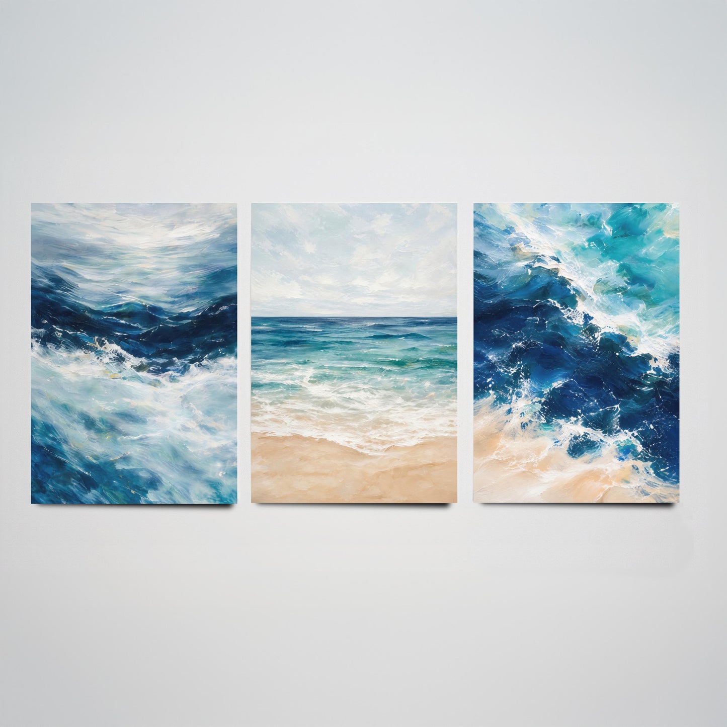 Ocean Wave Set of Three Art Prints - 3 Blue Teal Coastal Seascapes - Abstract Beach Poster Illustration Sea Wall Art V2