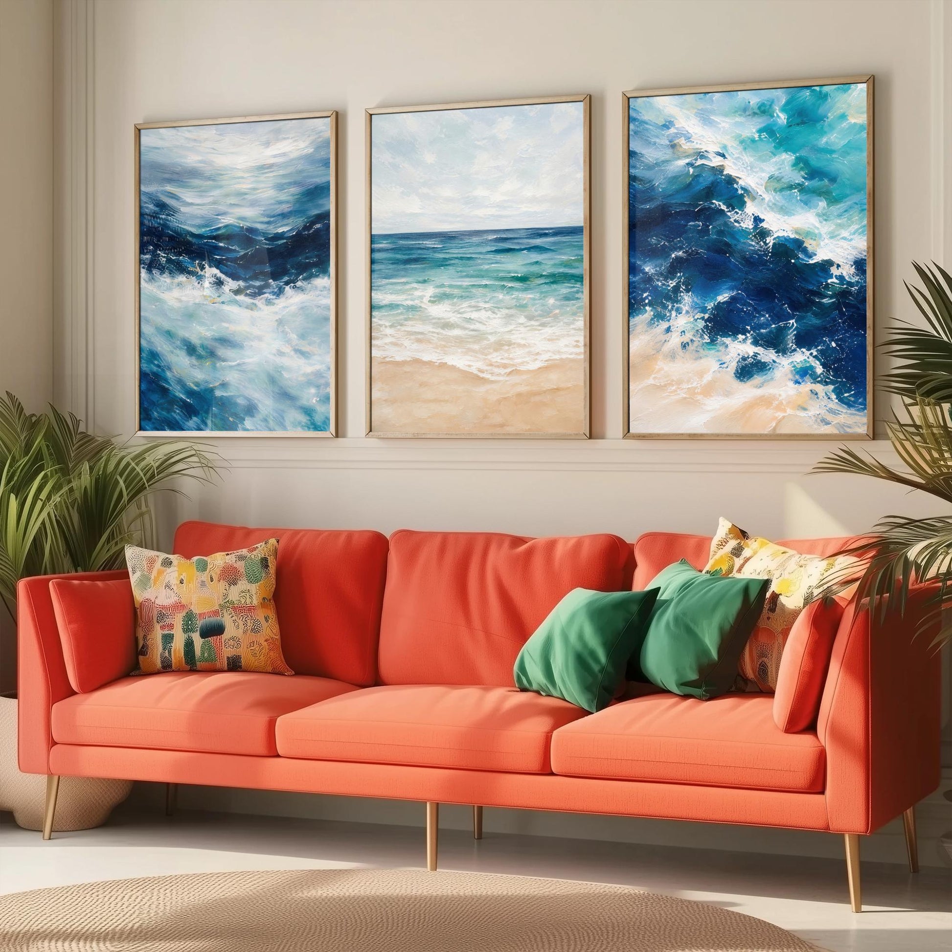 Ocean Wave Set of Three Art Prints - 3 Blue Teal Coastal Seascapes - Abstract Beach Poster Illustration Sea Wall Art V2