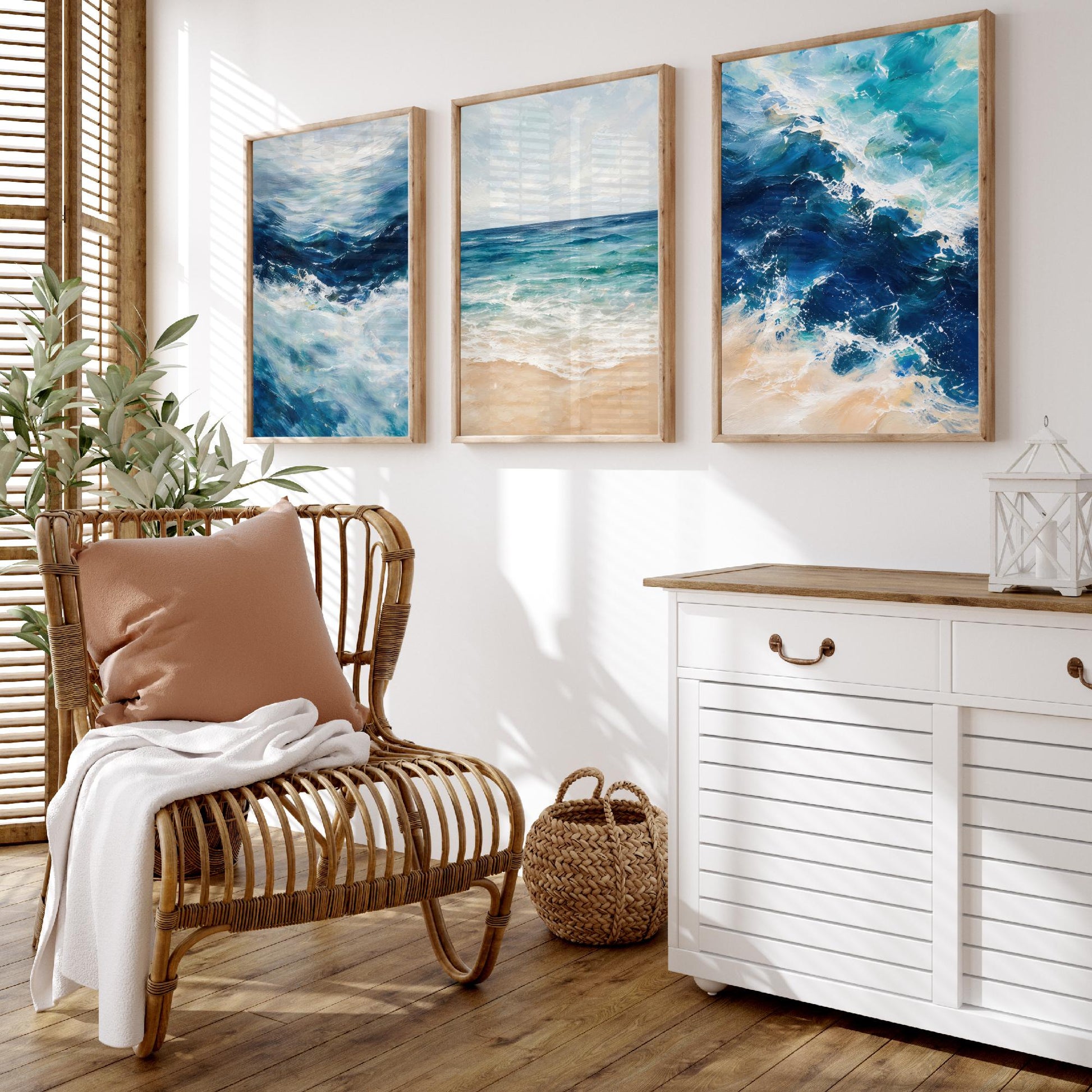 Ocean Wave Set of Three Art Prints - 3 Blue Teal Coastal Seascapes - Abstract Beach Poster Illustration Sea Wall Art V2