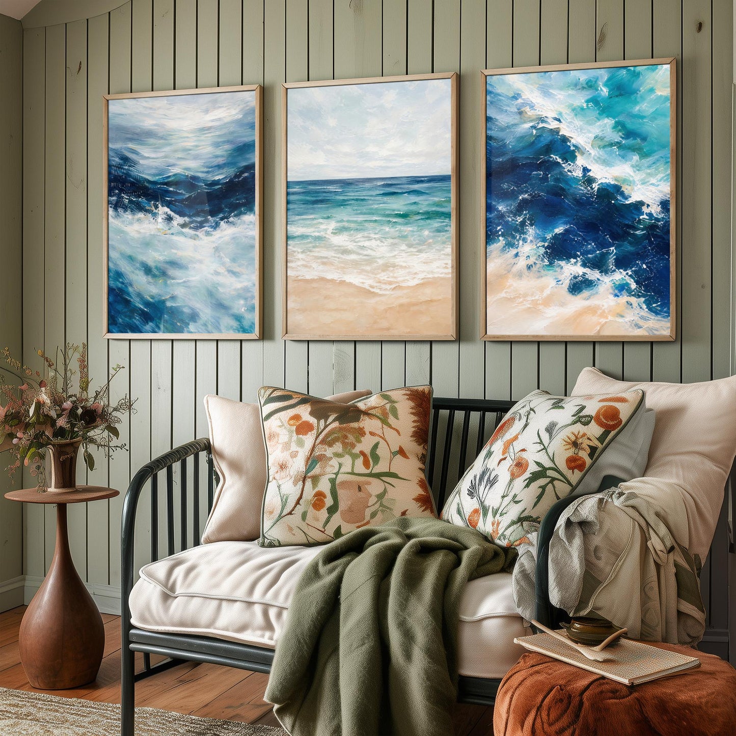 Ocean Wave Set of Three Art Prints - 3 Blue Teal Coastal Seascapes - Abstract Beach Poster Illustration Sea Wall Art V2