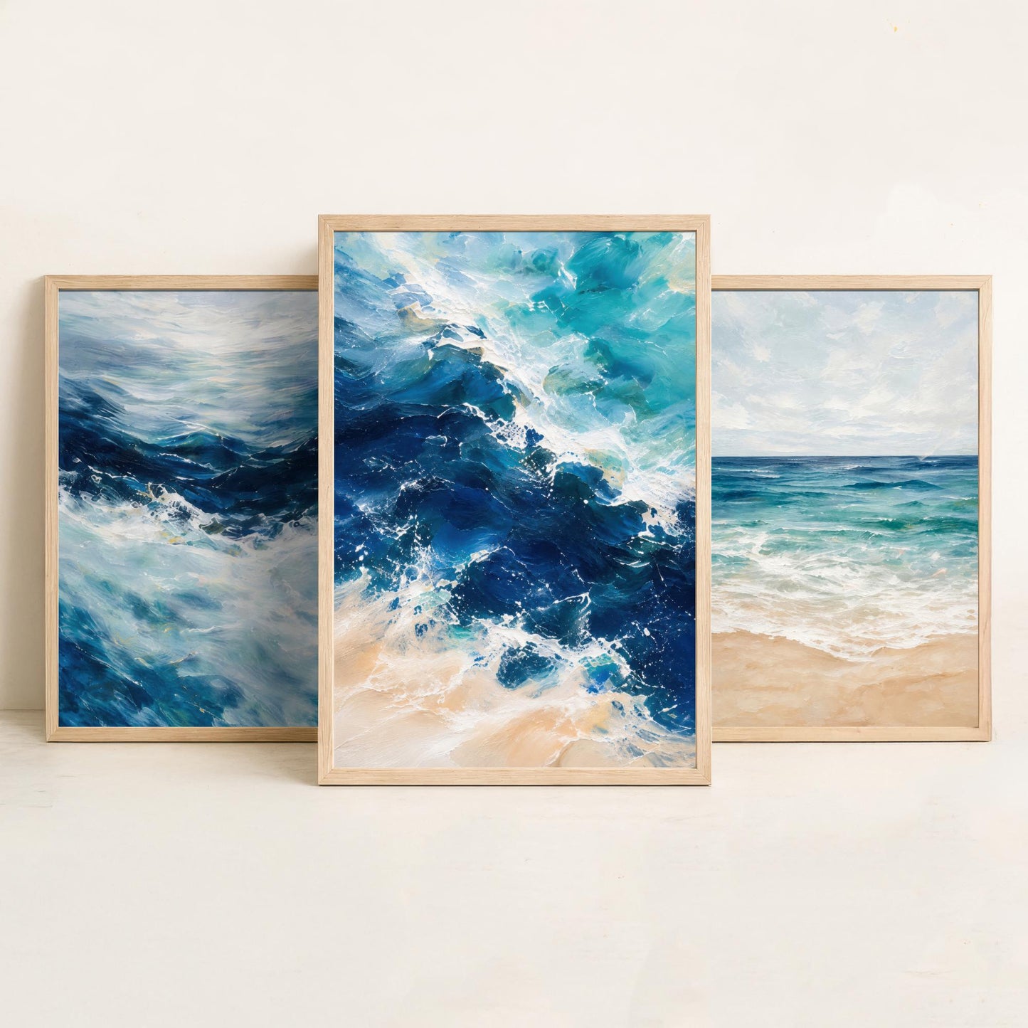 Ocean Wave Set of Three Art Prints - 3 Blue Teal Coastal Seascapes - Abstract Beach Poster Illustration Sea Wall Art V2