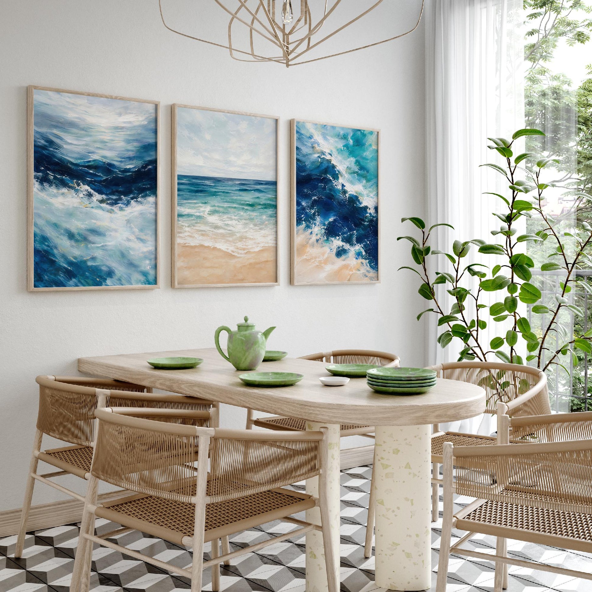 Ocean Wave Set of Three Art Prints - 3 Blue Teal Coastal Seascapes - Abstract Beach Poster Illustration Sea Wall Art V2