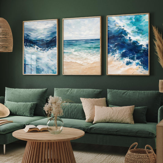 Ocean Wave Set of Three Art Prints - 3 Blue Teal Coastal Seascapes - Abstract Beach Poster Illustration Sea Wall Art V2