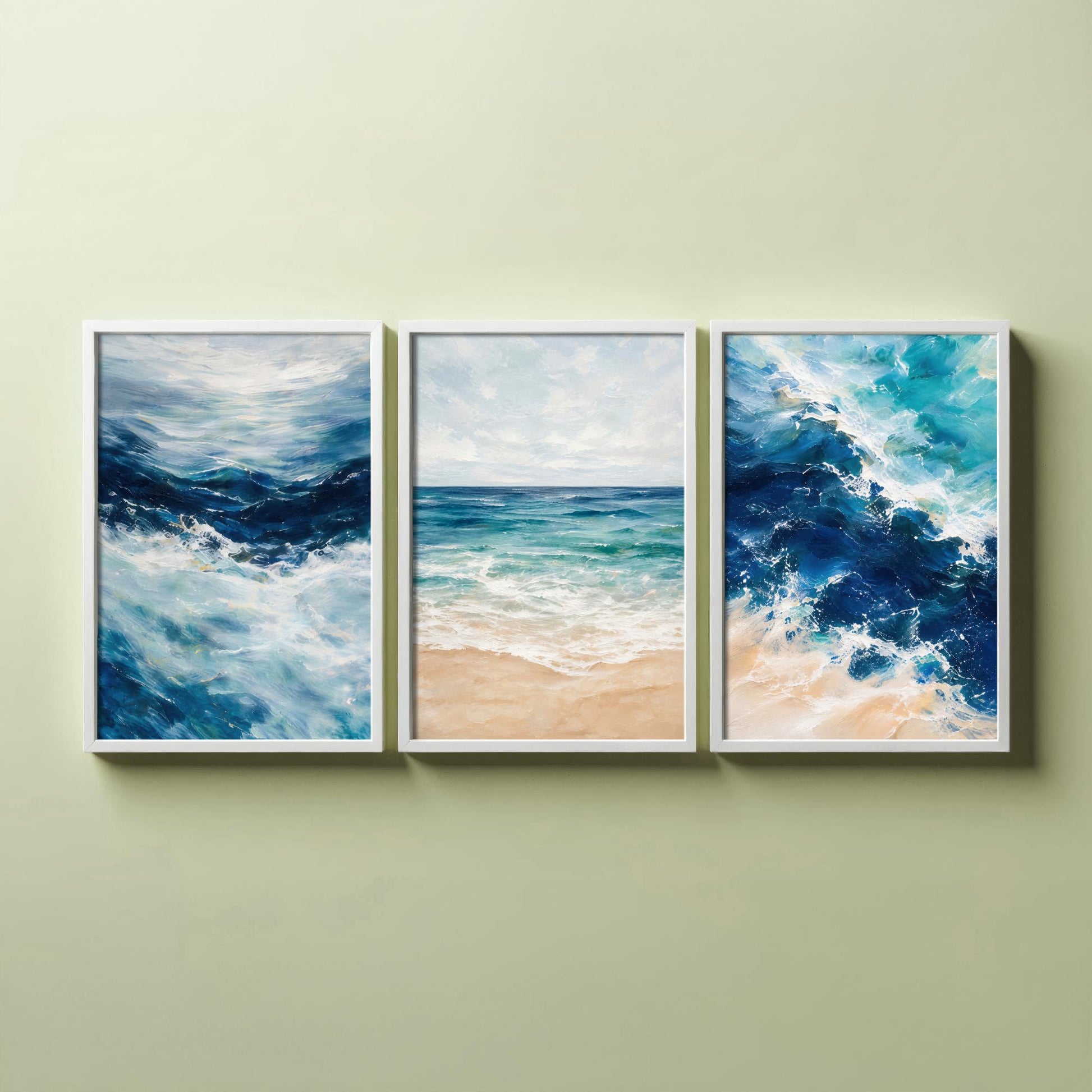 Ocean Wave Set of Three Art Prints - 3 Blue Teal Coastal Seascapes - Abstract Beach Poster Illustration Sea Wall Art V2