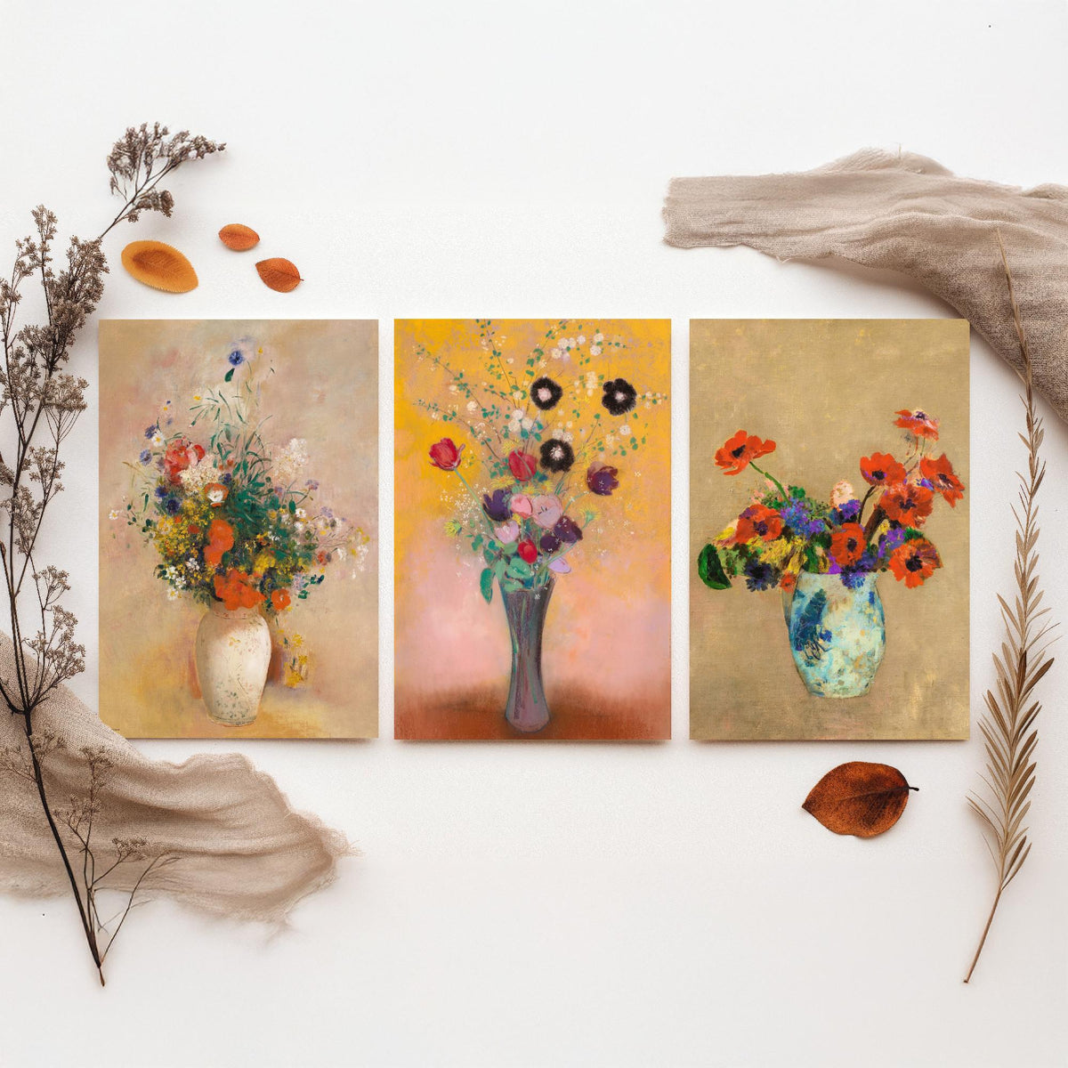 Odilon Redon Flowers Set of Three Art Prints - Bouquets in Vases - Symbolist Floral Painting Poster