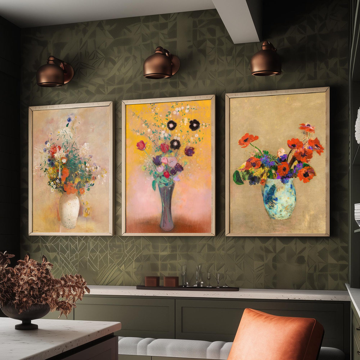 Odilon Redon Flowers Set of Three Art Prints - Bouquets in Vases - Symbolist Floral Painting Poster