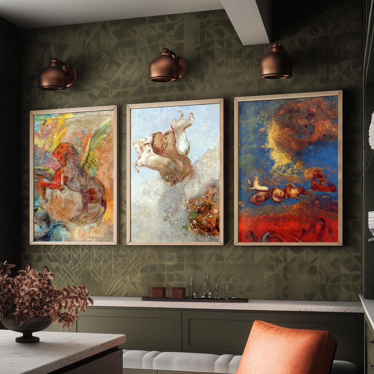 Odilon Redon Horses Set of Three Art Prints - Pegasus and the Chariot of Apollo - Symbolist Painting Poster