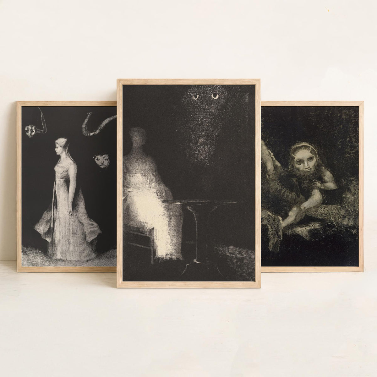 Odilon Redon Noirs Set of Three Art Prints - Dark Symbolist Lithographs - Gothic Black and White Drawing Poster