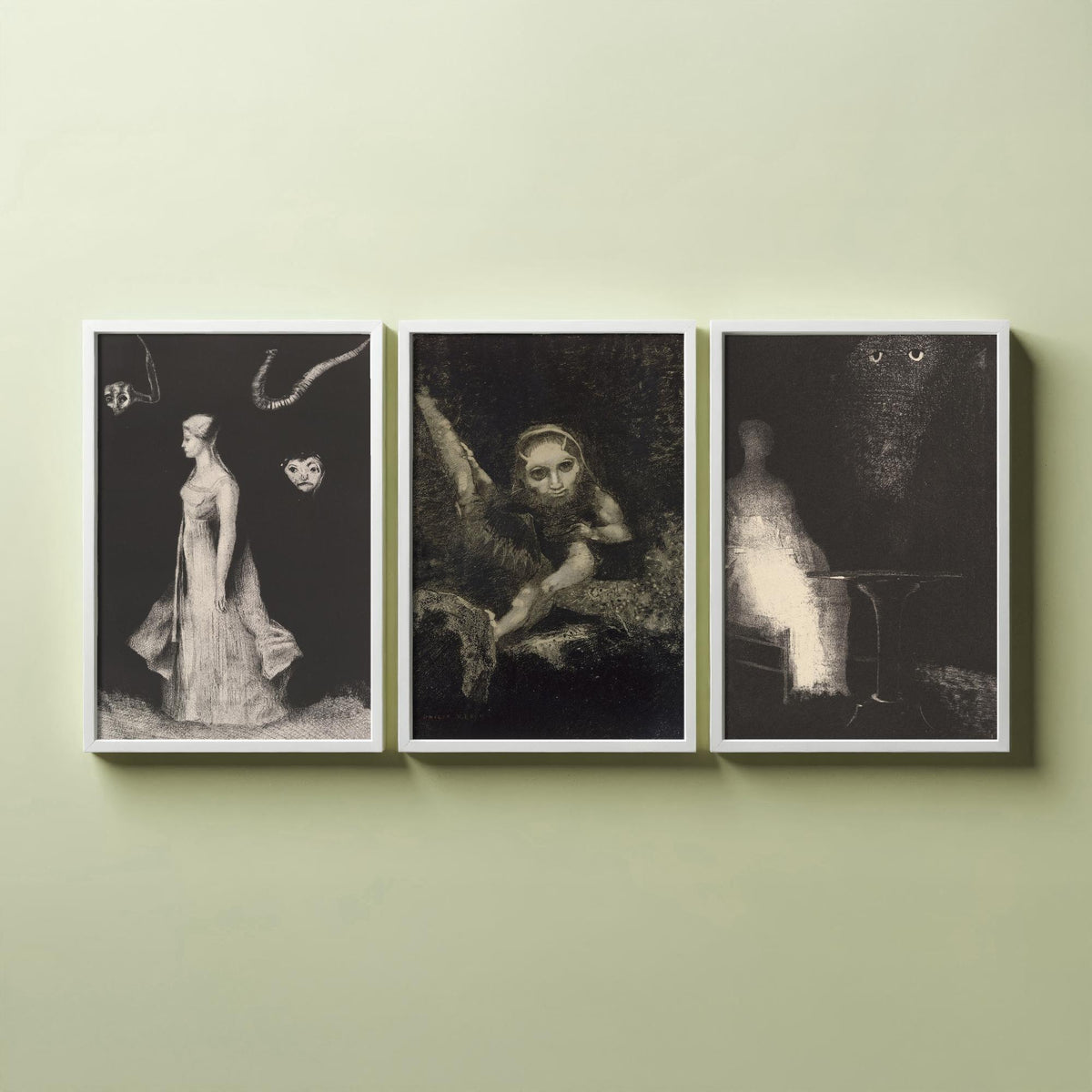 Odilon Redon Noirs Set of Three Art Prints - Dark Symbolist Lithographs - Gothic Black and White Drawing Poster