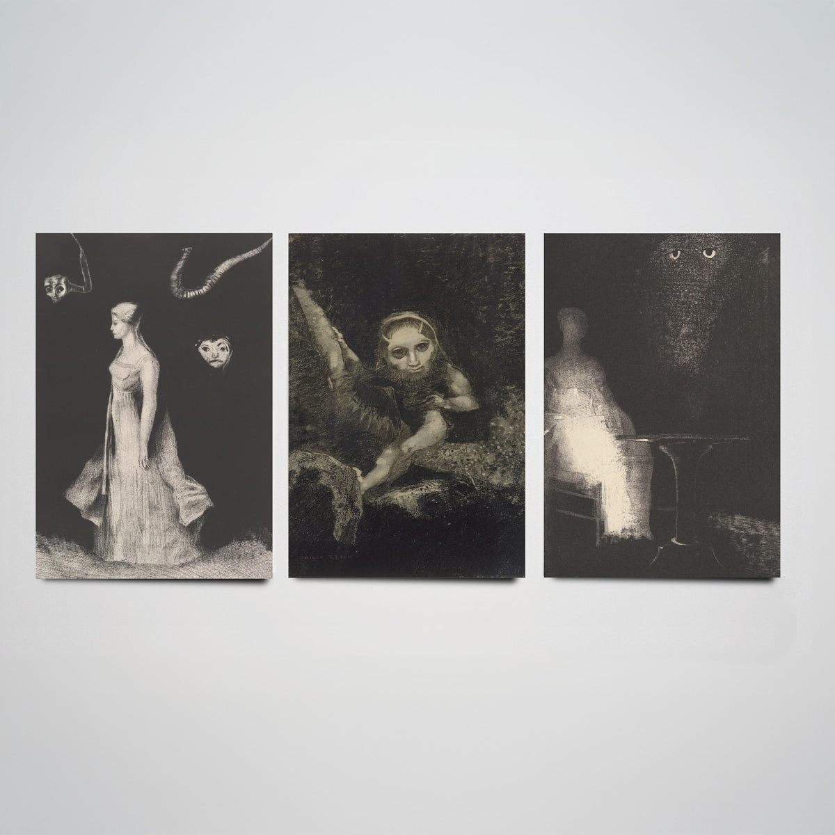 Odilon Redon Noirs Set of Three Art Prints - Dark Symbolist Lithographs - Gothic Black and White Drawing Poster