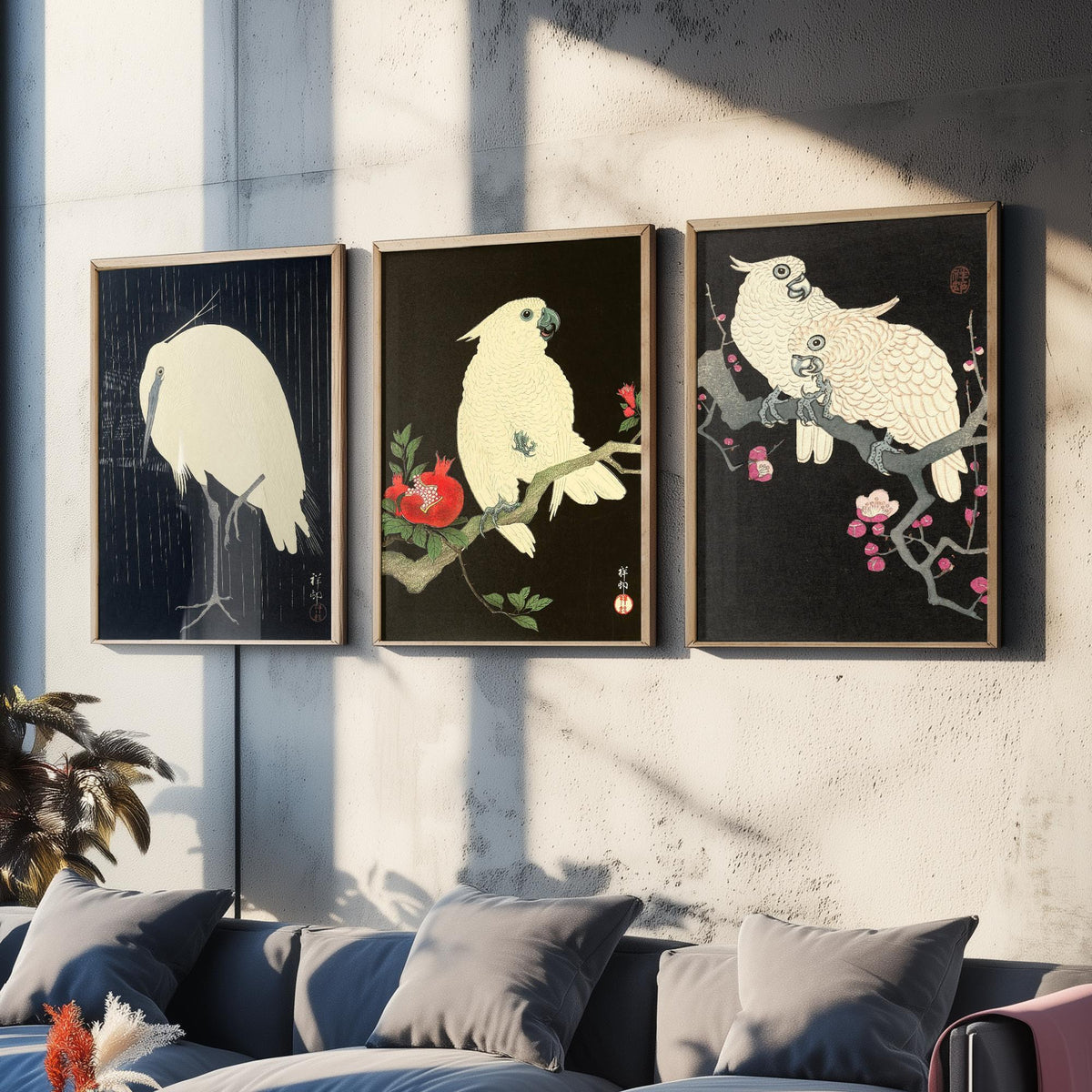 Ohara Koson Birds Set of Three Art Prints - Egret in Rain, Cockatoo with Pomegranate, Cockatoos on Plum - Japanese Woodcut Poster