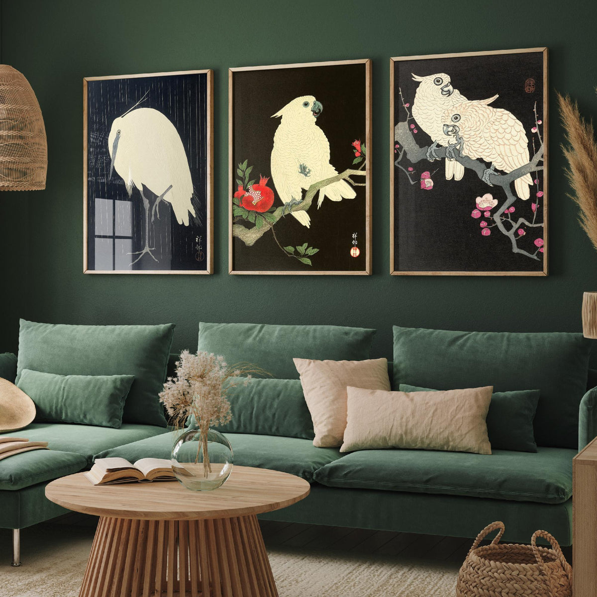 Ohara Koson Birds Set of Three Art Prints - Egret in Rain, Cockatoo with Pomegranate, Cockatoos on Plum - Japanese Woodcut Poster