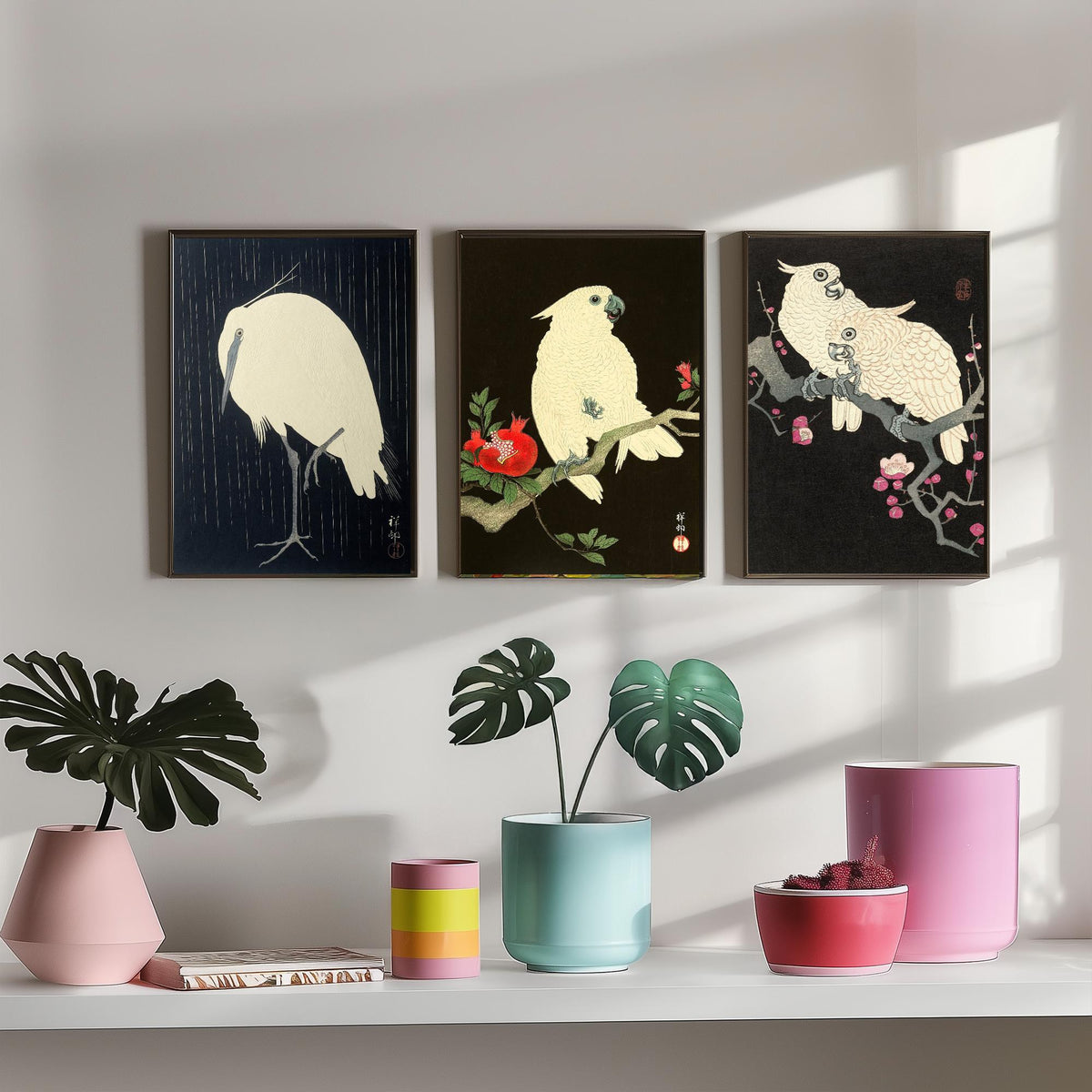 Ohara Koson Birds Set of Three Art Prints - Egret in Rain, Cockatoo with Pomegranate, Cockatoos on Plum - Japanese Woodcut Poster