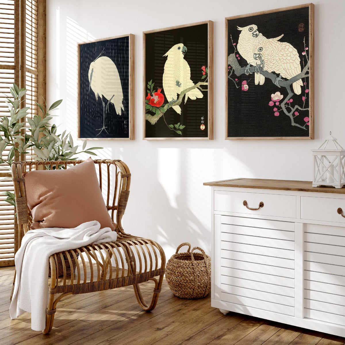 Ohara Koson Birds Set of Three Art Prints - Egret in Rain, Cockatoo with Pomegranate, Cockatoos on Plum - Japanese Woodcut Poster