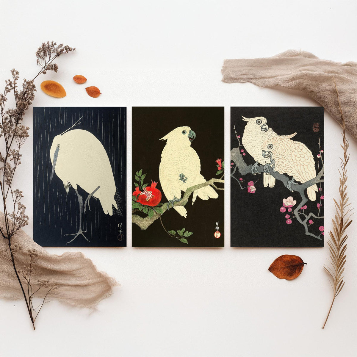 Ohara Koson Birds Set of Three Art Prints - Egret in Rain, Cockatoo with Pomegranate, Cockatoos on Plum - Japanese Woodcut Poster