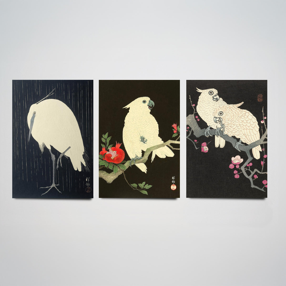Ohara Koson Birds Set of Three Art Prints - Egret in Rain, Cockatoo with Pomegranate, Cockatoos on Plum - Japanese Woodcut Poster