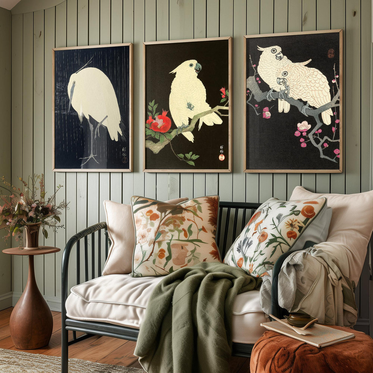 Ohara Koson Birds Set of Three Art Prints - Egret in Rain, Cockatoo with Pomegranate, Cockatoos on Plum - Japanese Woodcut Poster