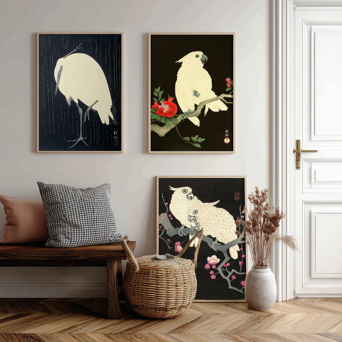 Ohara Koson Birds Set of Three Art Prints - Egret in Rain, Cockatoo with Pomegranate, Cockatoos on Plum - Japanese Woodcut Poster