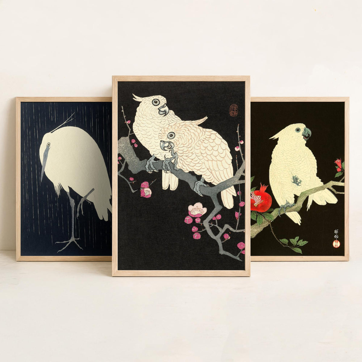 Ohara Koson Birds Set of Three Art Prints - Egret in Rain, Cockatoo with Pomegranate, Cockatoos on Plum - Japanese Woodcut Poster