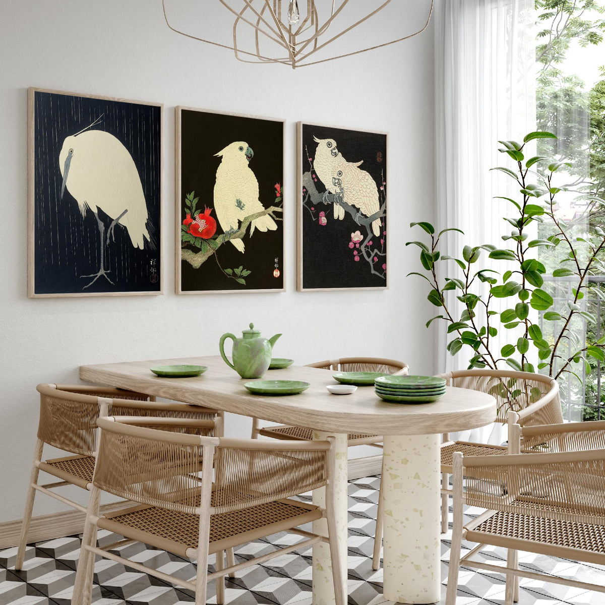 Ohara Koson Birds Set of Three Art Prints - Egret in Rain, Cockatoo with Pomegranate, Cockatoos on Plum - Japanese Woodcut Poster