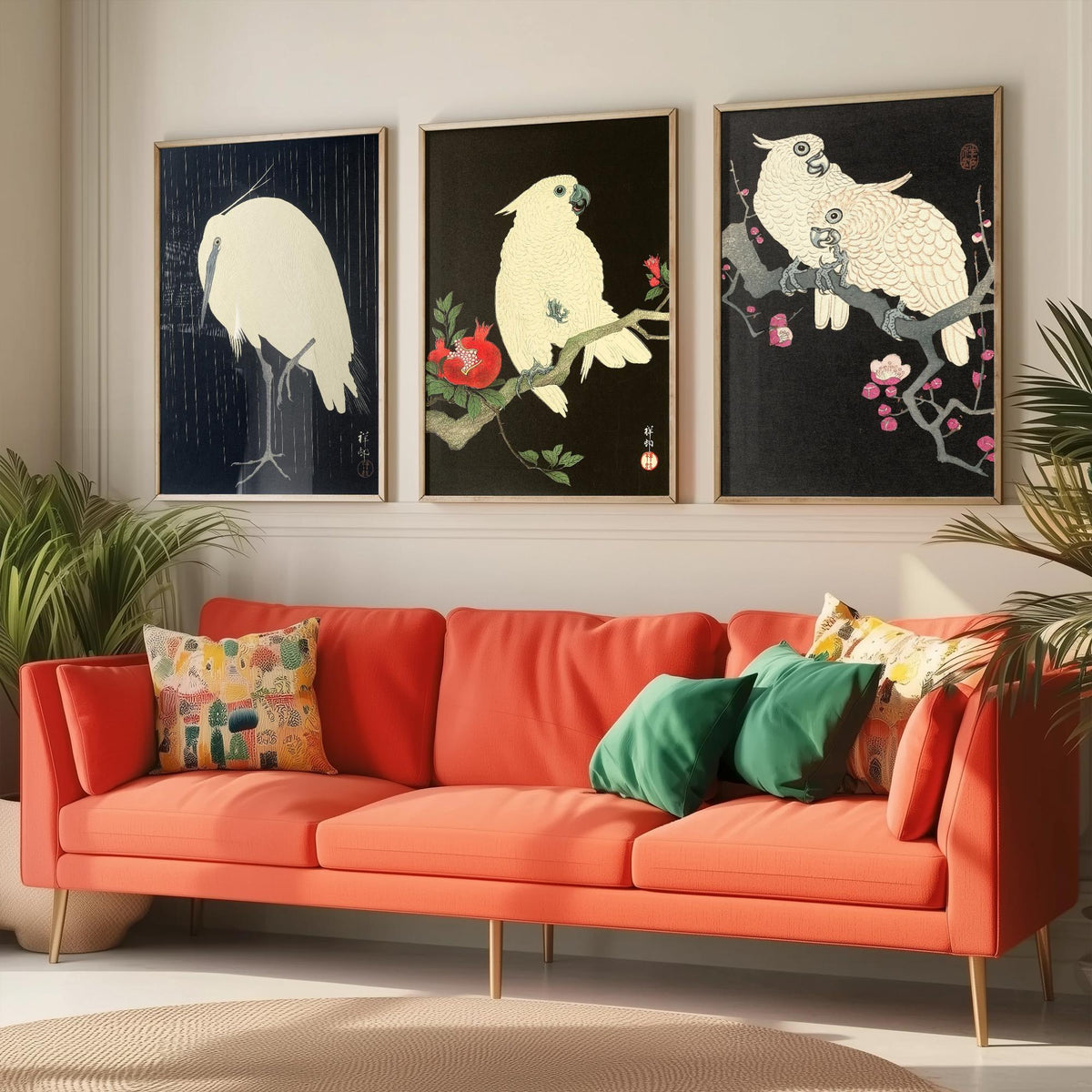 Ohara Koson Birds Set of Three Art Prints - Egret in Rain, Cockatoo with Pomegranate, Cockatoos on Plum - Japanese Woodcut Poster