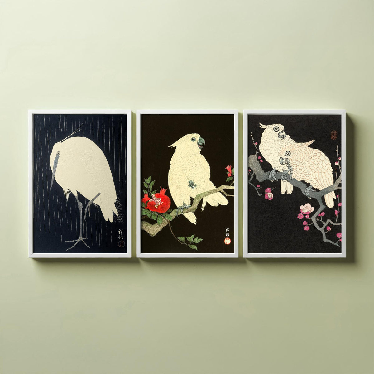 Ohara Koson Birds Set of Three Art Prints - Egret in Rain, Cockatoo with Pomegranate, Cockatoos on Plum - Japanese Woodcut Poster