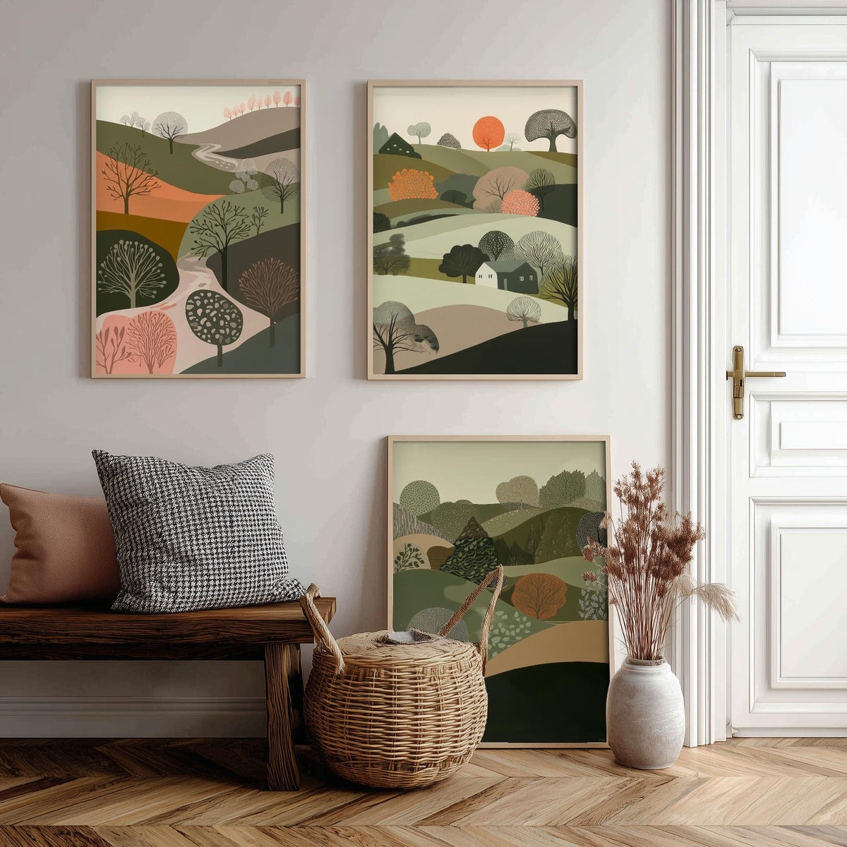 Set of Three Olive Green Landscape Art Prints - 3 Rolling Hills Tree Posters - Wall Art Gift Illustration Cottage V10