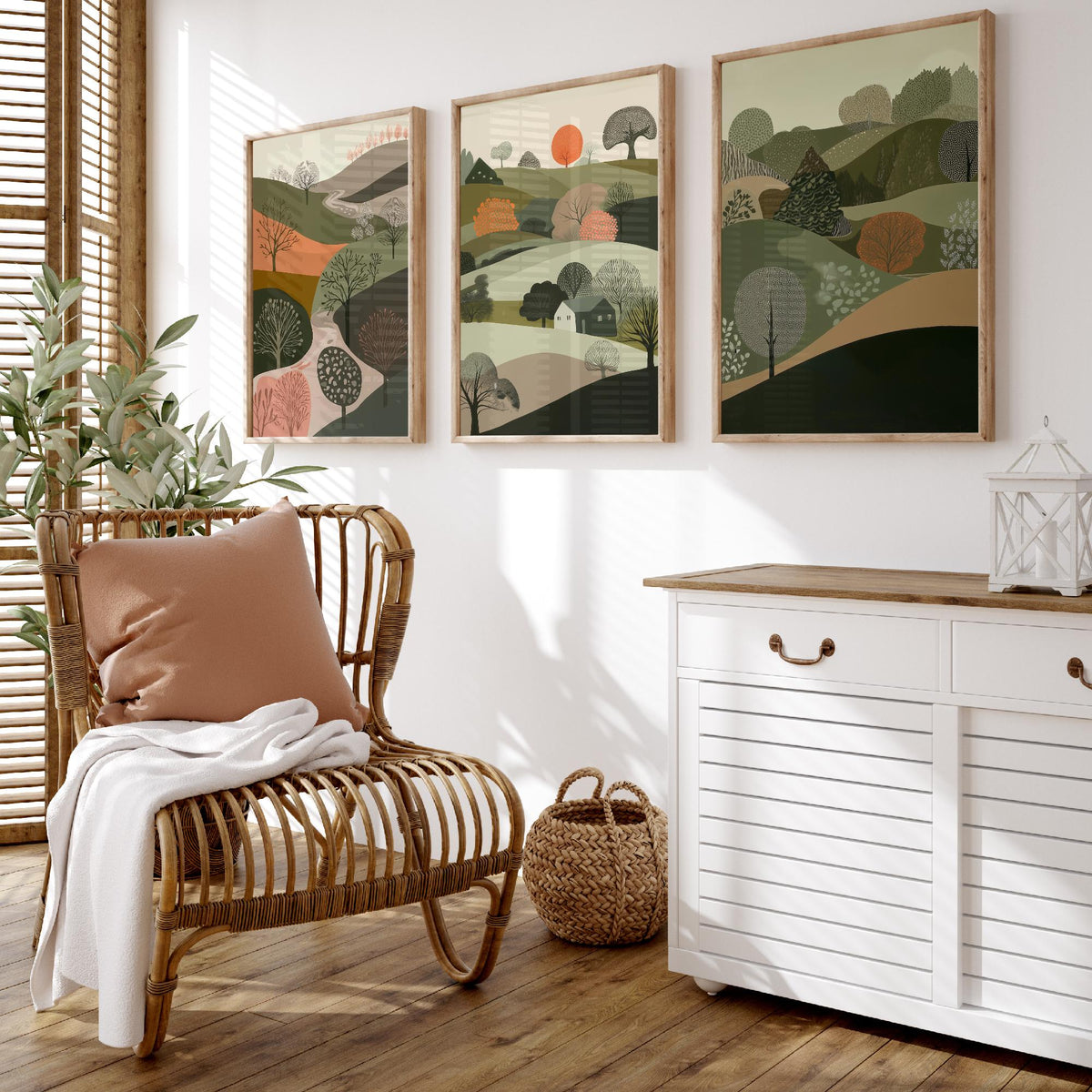 Set of Three Olive Green Landscape Art Prints - 3 Rolling Hills Tree Posters - Wall Art Gift Illustration Cottage V10