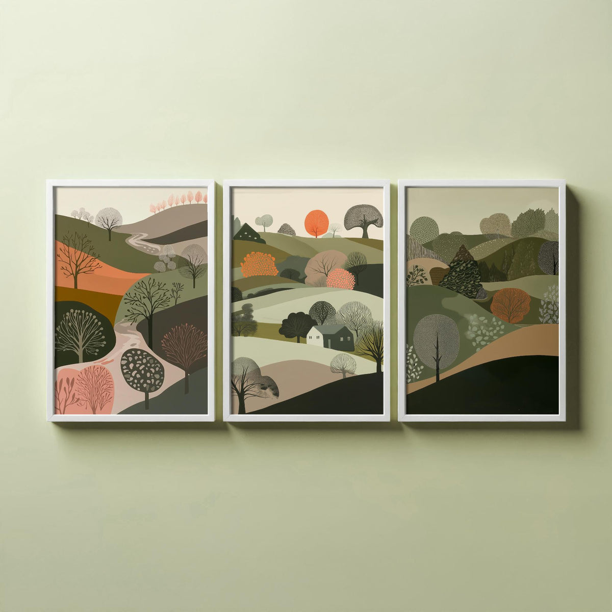 Set of Three Olive Green Landscape Art Prints - 3 Rolling Hills Tree Posters - Wall Art Gift Illustration Cottage V10