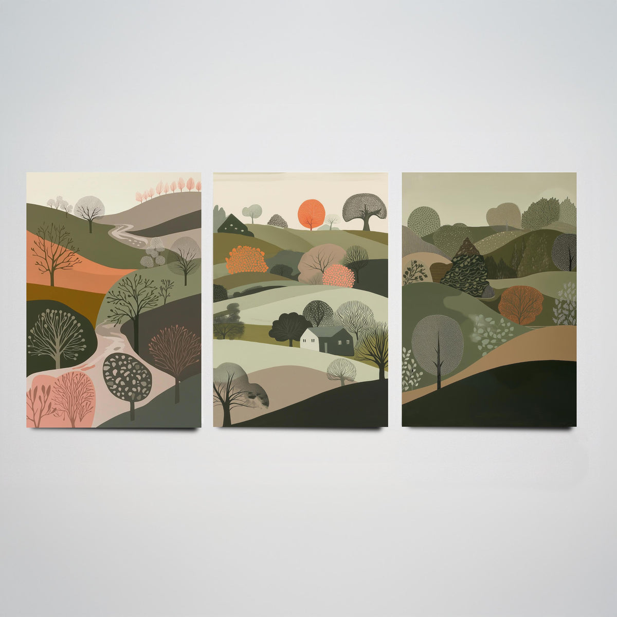 Set of Three Olive Green Landscape Art Prints - 3 Rolling Hills Tree Posters - Wall Art Gift Illustration Cottage V10