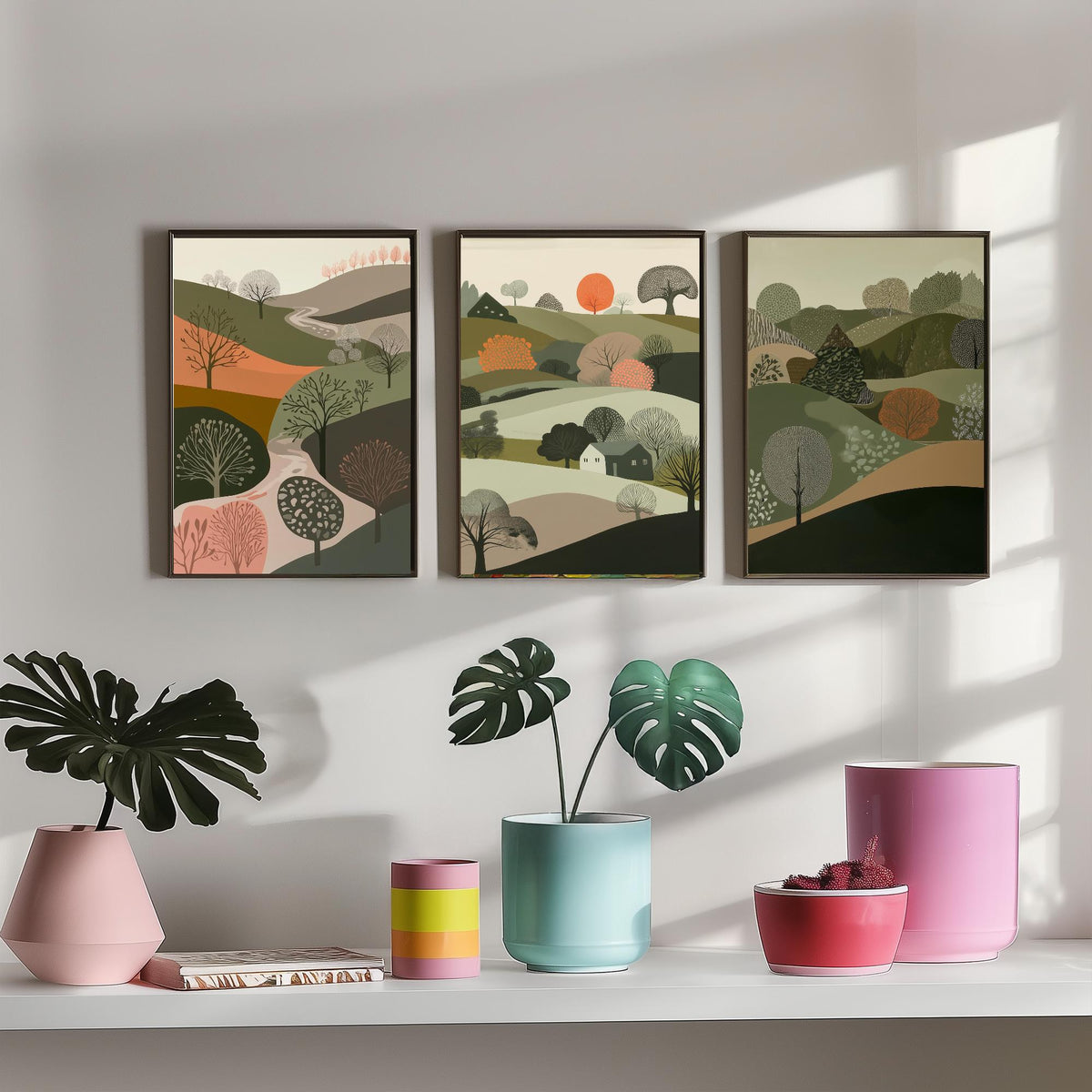 Set of Three Olive Green Landscape Art Prints - 3 Rolling Hills Tree Posters - Wall Art Gift Illustration Cottage V10