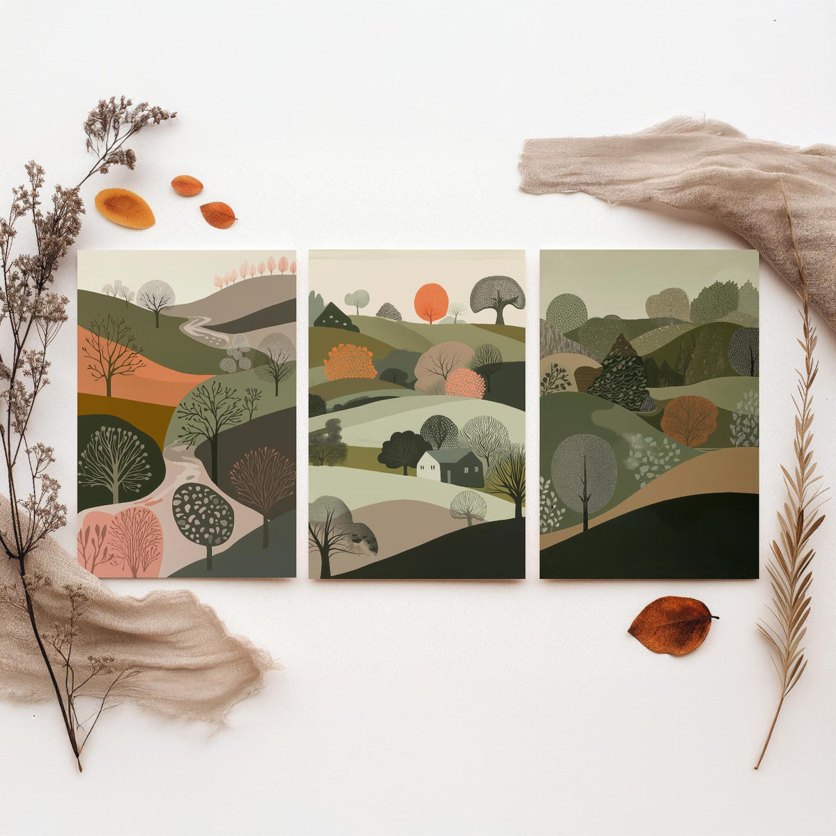 Set of Three Olive Green Landscape Art Prints - 3 Rolling Hills Tree Posters - Wall Art Gift Illustration Cottage V10