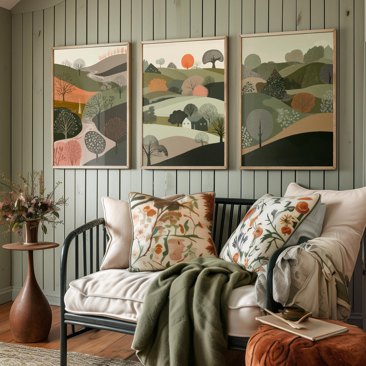 Set of Three Olive Green Landscape Art Prints - 3 Rolling Hills Tree Posters - Wall Art Gift Illustration Cottage V10