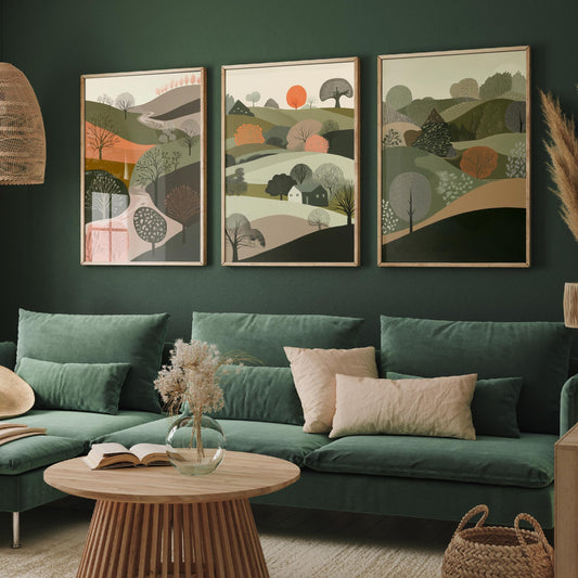 Set of Three Olive Green Landscape Art Prints - 3 Rolling Hills Tree Posters - Wall Art Gift Illustration Cottage V10