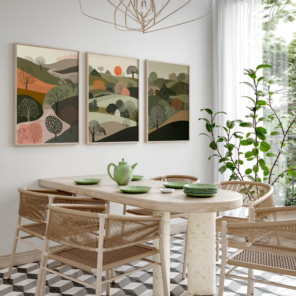 Set of Three Olive Green Landscape Art Prints - 3 Rolling Hills Tree Posters - Wall Art Gift Illustration Cottage V10