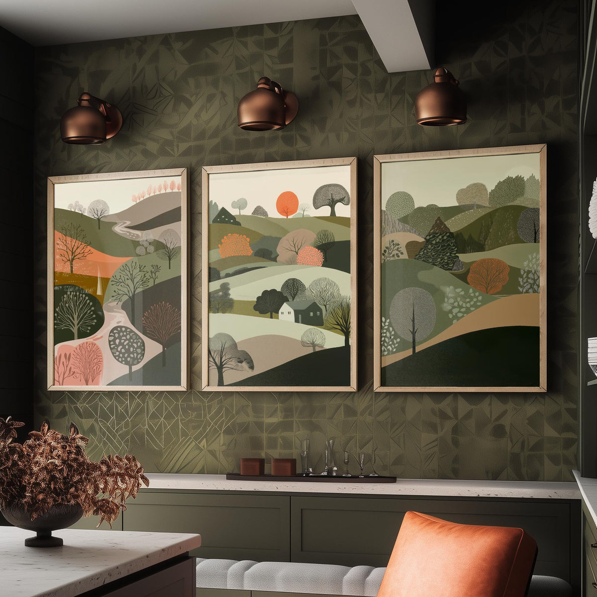 Set of Three Olive Green Landscape Art Prints - 3 Rolling Hills Tree Posters - Wall Art Gift Illustration Cottage V10