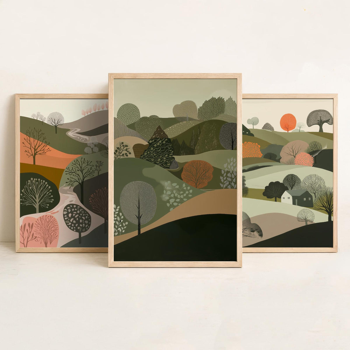 Set of Three Olive Green Landscape Art Prints - 3 Rolling Hills Tree Posters - Wall Art Gift Illustration Cottage V10
