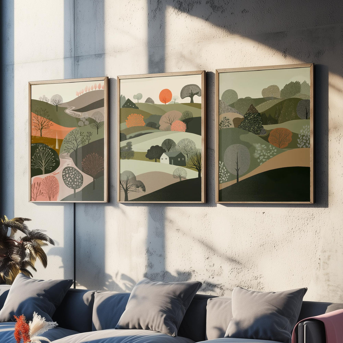 Set of Three Olive Green Landscape Art Prints - 3 Rolling Hills Tree Posters - Wall Art Gift Illustration Cottage V10