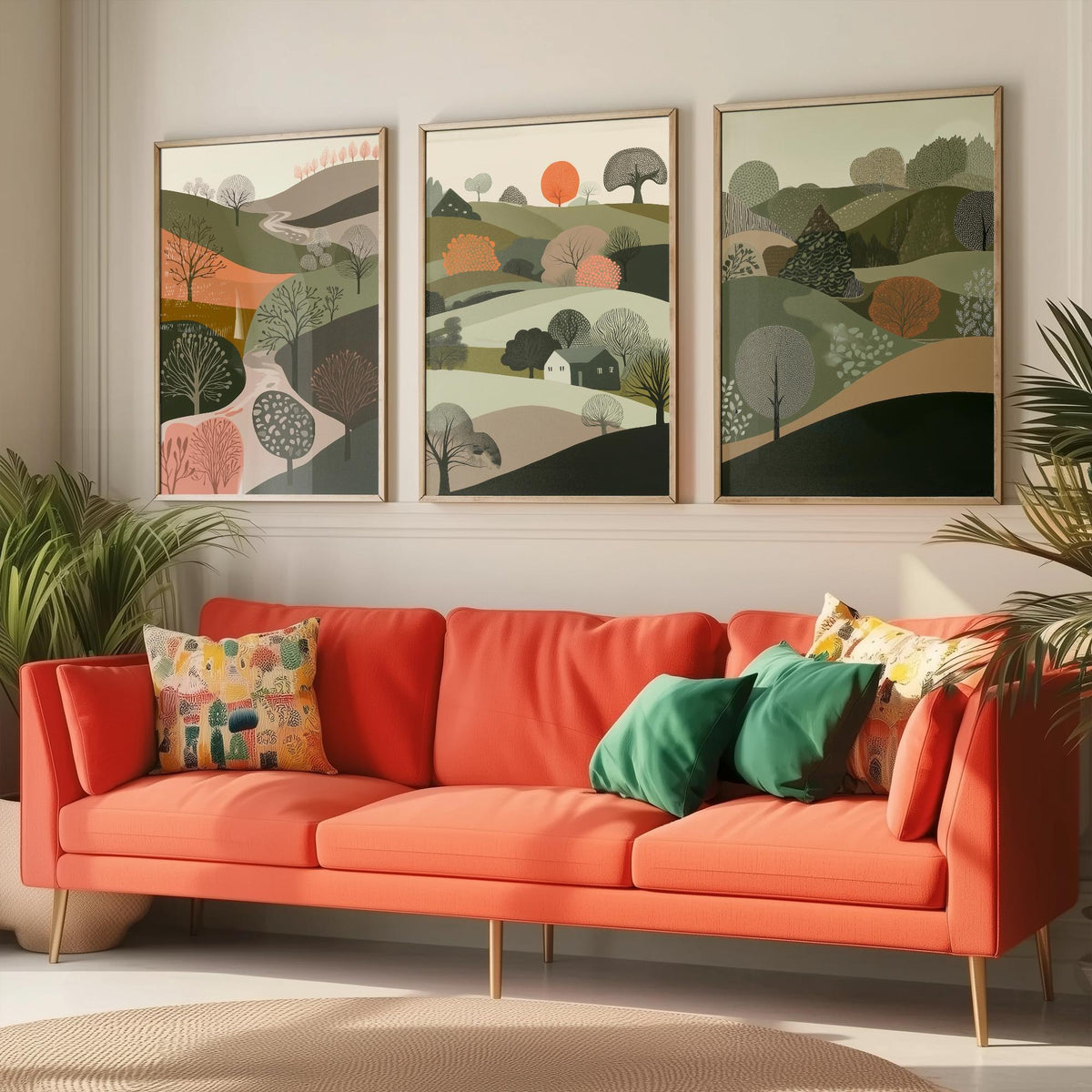 Set of Three Olive Green Landscape Art Prints - 3 Rolling Hills Tree Posters - Wall Art Gift Illustration Cottage V10