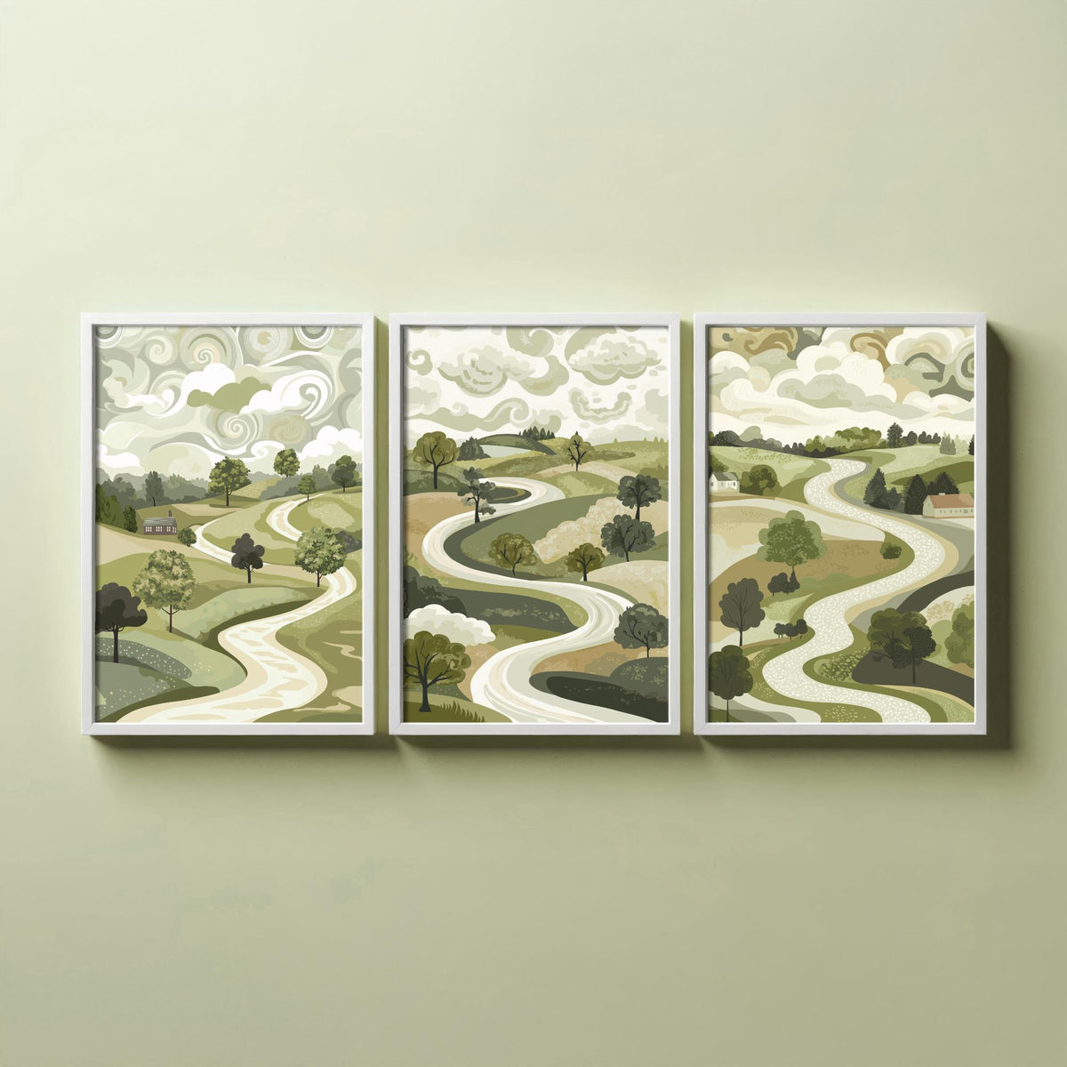 Set of Three Olive Green Landscape Art Prints - 3 Winding Country Road Posters - Wall Art Gift Illustration Pastoral V2