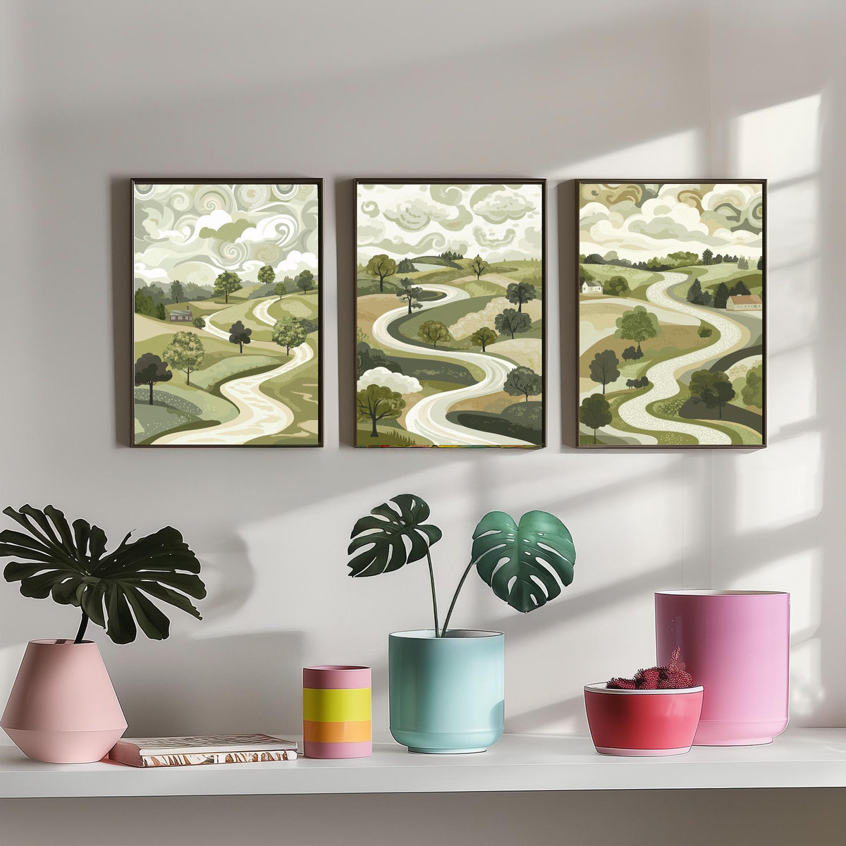 Set of Three Olive Green Landscape Art Prints - 3 Winding Country Road Posters - Wall Art Gift Illustration Pastoral V2