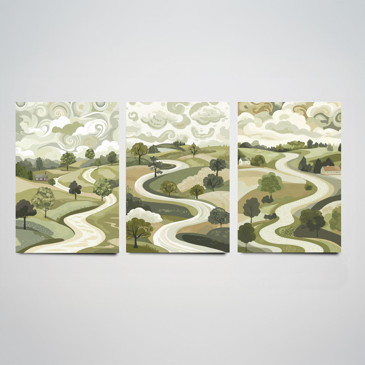 Set of Three Olive Green Landscape Art Prints - 3 Winding Country Road Posters - Wall Art Gift Illustration Pastoral V2