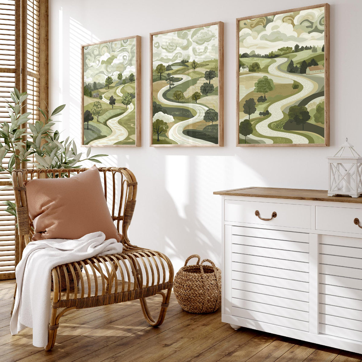 Set of Three Olive Green Landscape Art Prints - 3 Winding Country Road Posters - Wall Art Gift Illustration Pastoral V2